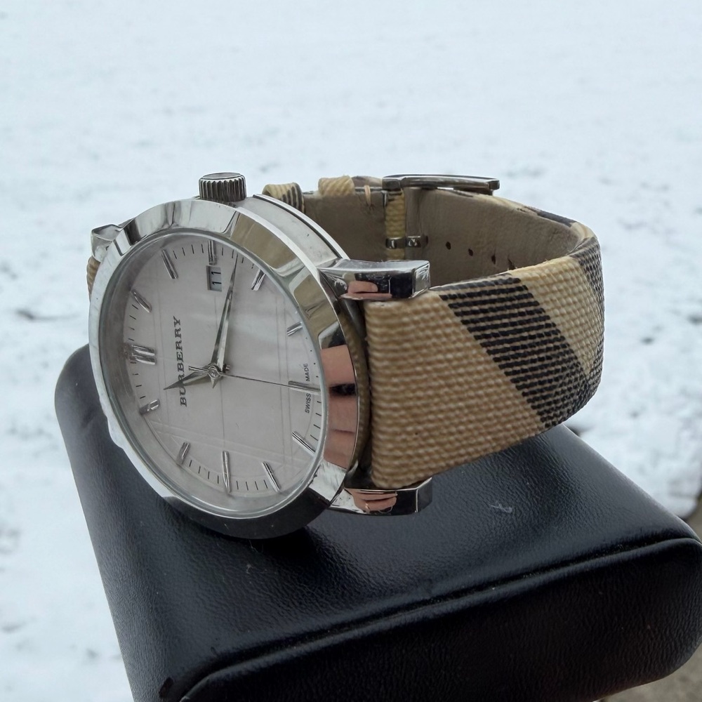 Burberry Silver Watch with Checkered Tan Strap